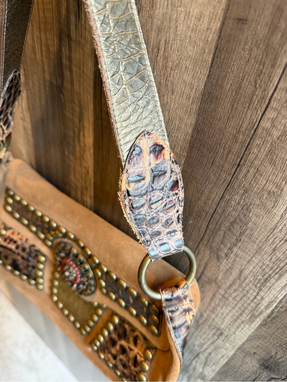 Leather Rock USA Hand made Studded Brown Suede Shoulder Bag with Embossed Panels - Picture 7 of 7